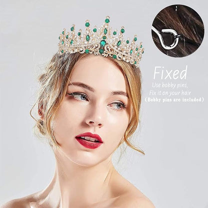 TOBATOBA Green Crown Tiara Crystal Wedding Tiara for Women Prom Queen Headband Metal Princess Tiara Quinceanera Crown Headpieces for Birthday Prom Pageant Cosplay Halloween Costume Women