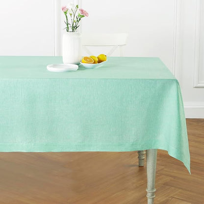 Solino Home Linen Tablecloth 60 x 120 Inch - 100% Pure Linen Chambray Aqua Table Cloth for Rectangle Tables - Athena, Machine Washable Tablecloth