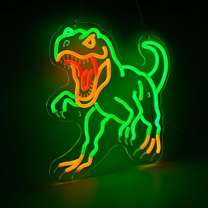 Dinosaur Neon Wall Sign - Green T-Rex LED Light for Jurassic Party, Boys Bedroom, Halloween Decor, Spooky Gift for Teens, 14.5x13.6" USB Powered