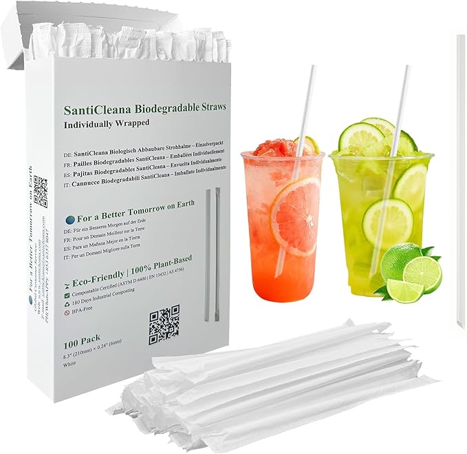 SantiCleana 100 Pack Biodegradable Straws, Individually Wrapped, 8.3", 14℉-185℉, Plant-Based, Straight, White, Compostable, BPA-Free