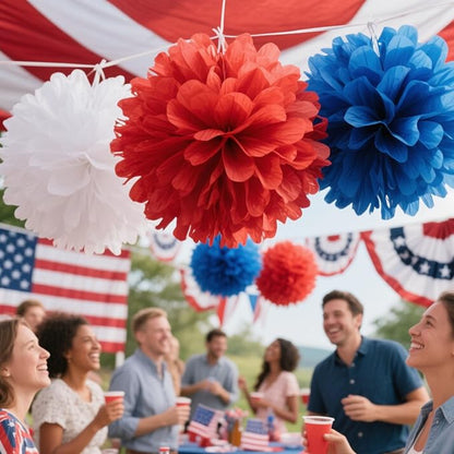 We Moment Red, Blue and White Paper Pom Poms Decorations for 4th Fourth of July，Independence Day Patriotic Decorations, Red Blue and White Ceiling Wall Hanging Tissue Flowers Decorations 12pcs