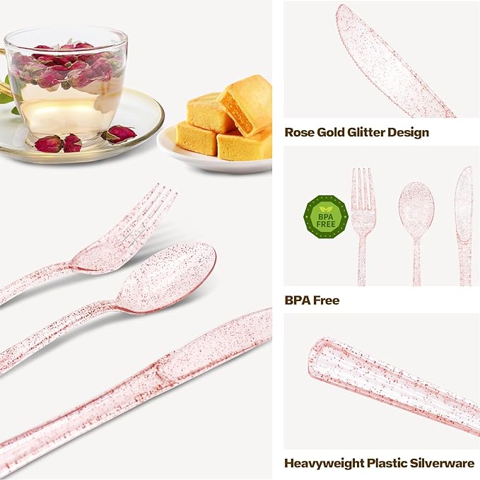 150 Pack Pink Glitter Plastic Silverware Disposable, Baby Shower Cutlery, 50 Pink Forks, 50 Rose Gold Spoons, 50 Rose Gold Knives for Brithday, Wedding, Baby Shower