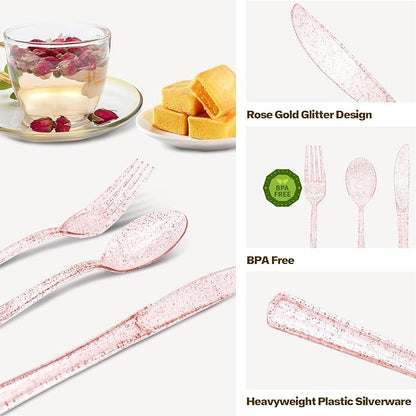 150 Pack Pink Glitter Plastic Silverware Disposable, Baby Shower Cutlery, 50 Pink Forks, 50 Rose Gold Spoons, 50 Rose Gold Knives for Brithday, Wedding, Baby Shower