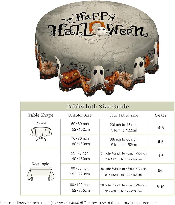 Eikione Round Tablecloth 60inch, Happy Halloween Tablecloth Waterproof and Wrinkle-Free, Table Covers, Summer Decorations for Home Dining