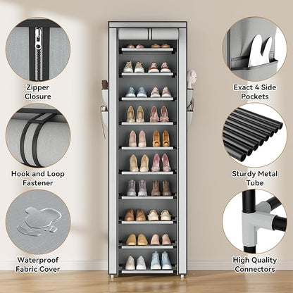 ROJASOP Shoe Rack with Covers 10 Tier Large Shoe Organizer Tall Shoe Closet Storage for 20-22 Pairs Shoe and Boot, Free Standing Shoe Rack Organizer for Closet, Entryway, Bedroom, Grey