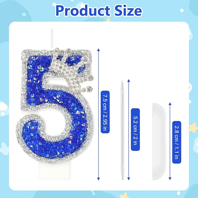 Blue Birthday Candle Crown Number 5 Candle with Sequins Cake Candles Cupcake Decorations Party Decor for Anniversary Celebrations Supplies