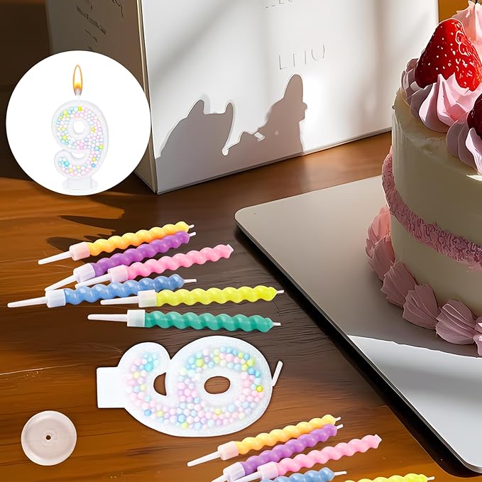 Number Birthday Candle with 12PCS Spiral Candles and A Birthday Card - Perfect for Celebrating Birthdays (Macaron Glitter, Number 9)
