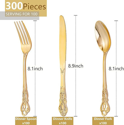 300Pieces Gold Plastic Silverware - Heavy Duty Gold Disposable Utensils - Vintage Plastic Cutlery Set Includes 100 Forks, 100 Spoons, 100 Knives for Dinner Parties Weddings