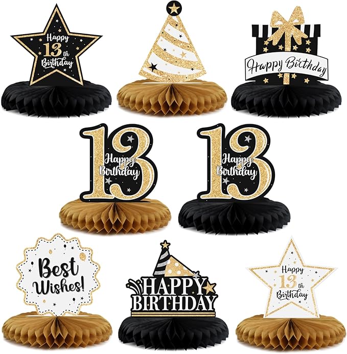 Happy 13th Birthday Decorations,13th Birthday Gold Glitter Shiny Stand Honeycomb Table Centerpieces - Cheers to Thirteen Years Old Birthday Party Photoprop Gift Sign.