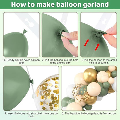 Amandir 153pcs Sage Green Balloon Garland Arch Kit, Different Sizes 18 12 10 5 inch Green Blush Gold Latex Metallic Confetti Gold Balloons for Birthday Baby Shower Wedding Safari Forest Decorations