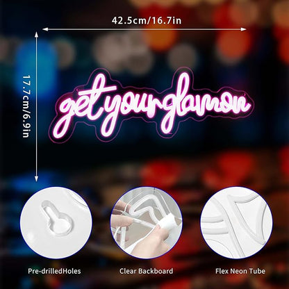 Get Your Glam On Neon Sign, Neon Signs for Wall Decor Neon Pink LED Signs Room Neon Light Up Signs Home Decor for Bedroom Club Party Bar Shop USB Operated