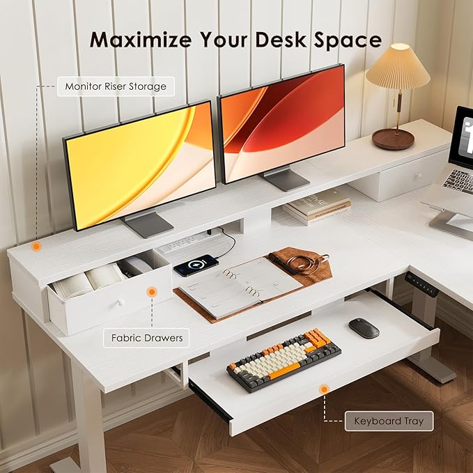 OffiGo 59 Inch L Shaped Electric Standing Desk with Drawers, Height Adjustable Corner Computer Desk with Keyboard Tray & Monitor Stand, Stand Up Table for Home Office Workstation, White