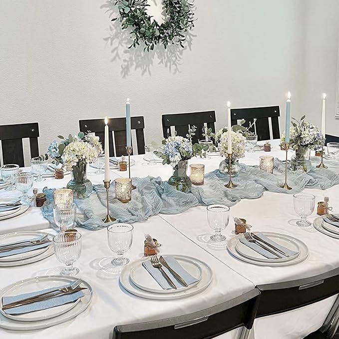 10 Pack Dusty Blue Cheesecloth Table Runner 35x120 Inch, 10FT Boho Gauze Cheese Cloth Table Runner Rustic Semi-Sheer Runner for Wedding Bridal Baby Shower Birthday Party Home Decor