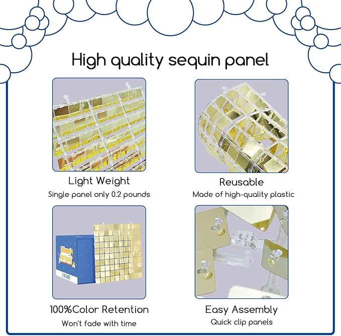COKAOBE Gold Shimmer Wall Backdrop, 24 Panels Square Sequin Shimmer Backdrop, Photo Backdrops for Birthday, Anniversary, Wedding, Graduation & Bachelorette Party Decoration