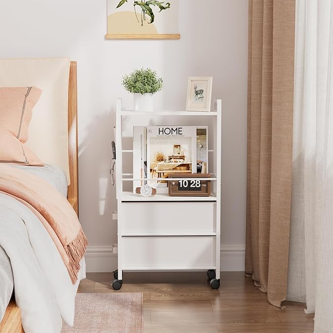 2 Drawer Small Narrow Side End Table for Small Spaces, Slim Nightstand Bedside Sofa Table with Wheels, Space Saving Skinny Thin Couch Desk with Storage Bag for Bedroom Living Room Bathroom,White