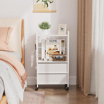 2 Drawer Small Narrow Side End Table for Small Spaces, Slim Nightstand Bedside Sofa Table with Wheels, Space Saving Skinny Thin Couch Desk with Storage Bag for Bedroom Living Room Bathroom,White