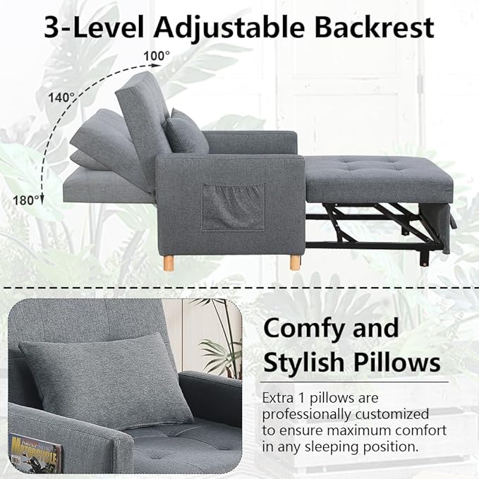 Sleeper Chair,Convertible Sleeper Sofa Chair,Pull Out Sleeper Chair with Adjustable Backrest,Multi-Functiona Lounge Chair for Living Room(Gray)