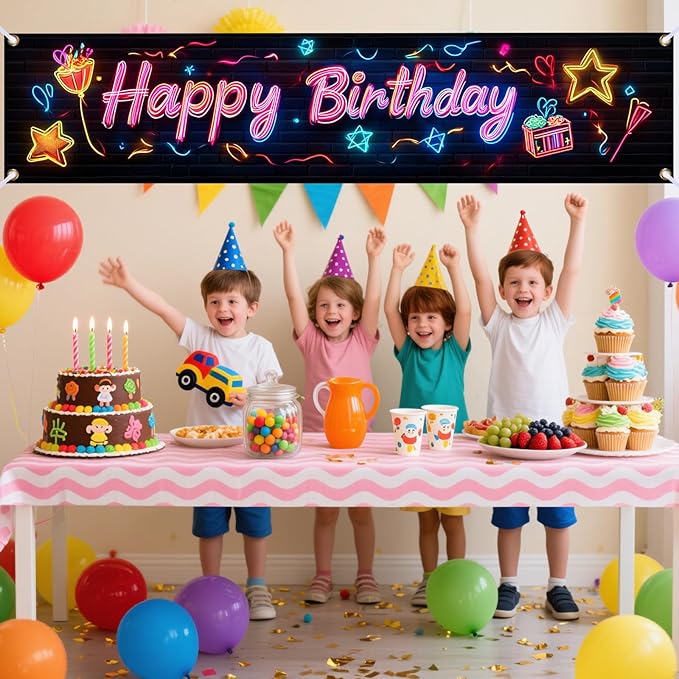 Nuxovilar Happy Birthday Banner Decorations 17.72x78.74 Inch Neon Gift Theme - Polyester for Indoor Outdoor Birthday Party Decor