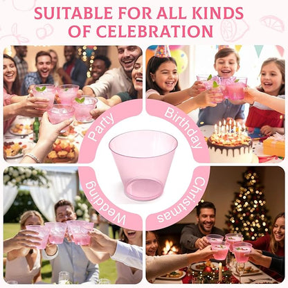 150 Pack Plastic Cups 9 oz Pink Clear Plastic Cups for Cocktail Fancy Disposable Cup for Party Stemless Wine Glasses for Wedding Thanksgiving Christmas Party Graduation