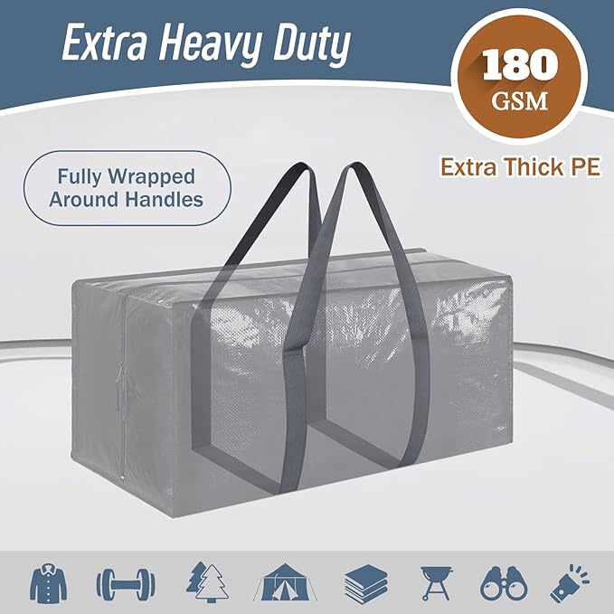 6 Pack Extra Heavy Duty Large Moving Bags with Strong Zipper & Comfortable Handles, Sturdy & Durable Clothes Storage Bags Totes Bins, Packing Moving Boxes for College Supplies, Gray