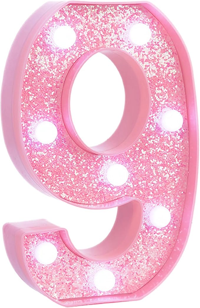 Pink LED Light Up Marquee Numbers, Glitter Lighted Numbers Signs Battery Operated for Girls 9th 19th Birthday Party Decorations, Pink Room Table Top Wall Decor, Number 9 with Cool White Lights