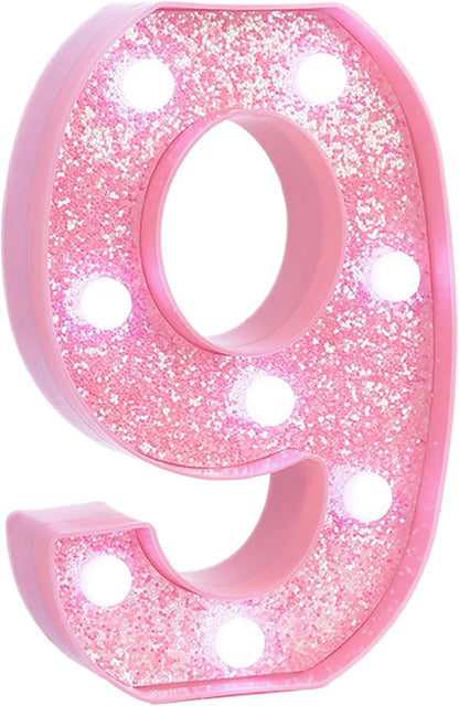 Pink LED Light Up Marquee Numbers, Glitter Lighted Numbers Signs Battery Operated for Girls 9th 19th Birthday Party Decorations, Pink Room Table Top Wall Decor, Number 9 with Cool White Lights