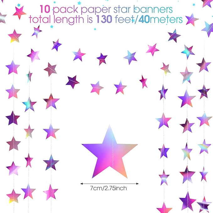 Patelai Glitter Star Garland Banner Christmas Decor 130 Feet Star Hanging Bunting Banner Twinkle Backdrop for Homecoming Classroom Wedding Birthday Halloween Party Supplies(Iridescent Purple)
