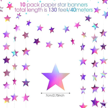 Patelai Glitter Star Garland Banner Christmas Decor 130 Feet Star Hanging Bunting Banner Twinkle Backdrop for Homecoming Classroom Wedding Birthday Halloween Party Supplies(Iridescent Purple)