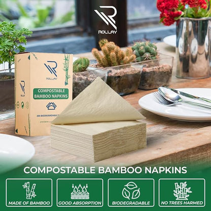 300 Bamboo Cocktail Napkins - FSC Certified 2-Ply Compostable Napkins Disposable for Home or Commercial Use - 5x5 inch folded Biodegradable Paper Napkins for Dinner and Party