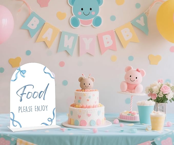 Food Please Enjoy Sign - Blue Bow Baby Shower Sign, 1 Pack Arch Acrylic Sign with Stand, Gender Reveal Party Table Decor, Blue Baby Shower Supplies (SP11)