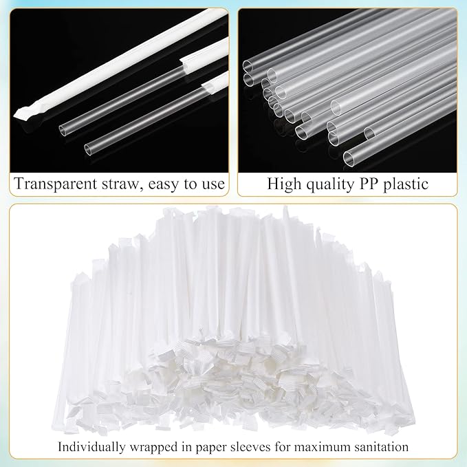 Hoolerry 2000 Pcs Plastic Straws Disposable Individually Wrapped Drinking Straight Long Straws, 0.24" Wide, for Hot and Cold Beverages (8 Inch)