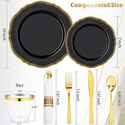 Hioasis 350pcs Black and gold Plastic Plates - Gold Plastic Dinnerware Set Includes 50 Dinner Plates, 50 Dessert Dinnerware, 50 Cups, 50 Rolled Napkin Cutlery Perfect for Wedding & Party