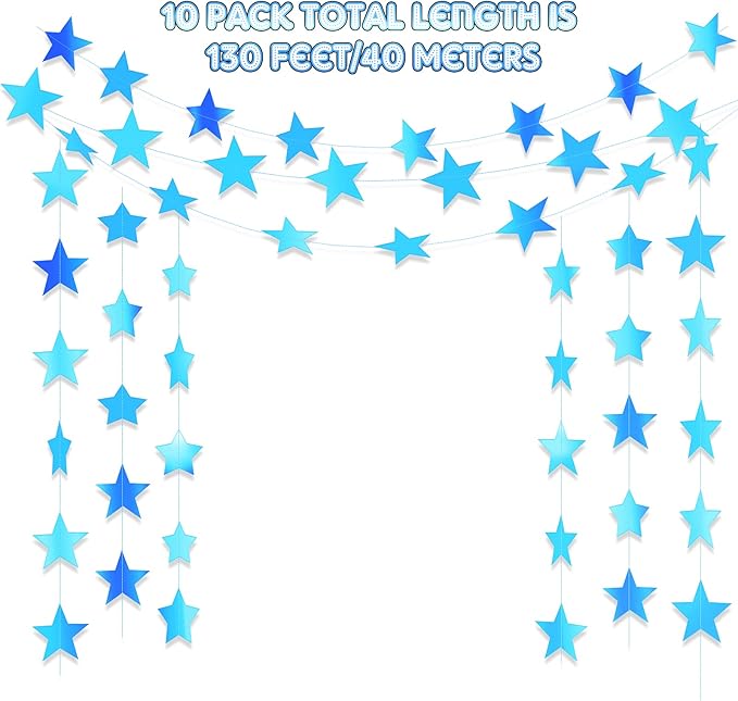 Patelai Glitter Star Garland Banner Christmas Decor 130 Feet Star Hanging Bunting Banner Twinkle Backdrop for Homecoming Classroom Wedding Birthday Halloween Party Supplies(Holographic Blue)