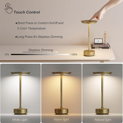 Cordless Table Lamps Rechargeable, Portable 5000mAh Battery Operated Lamp, 3 Color Stepless Dimming LED Table Light with Memory Function, for Outdoor/Dinner/Patio/Restaurant.(Gold)