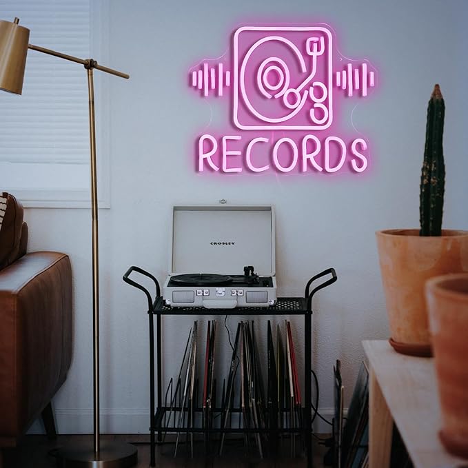 Records Neon Sign For Wall Decor Jukebox Music Light Up Sign Powered by USB Dimmable Pink Led Music Records Neon Light for Video Shop Karaoke Bar Party Bedroom Gifts(15.7"*12.2"）
