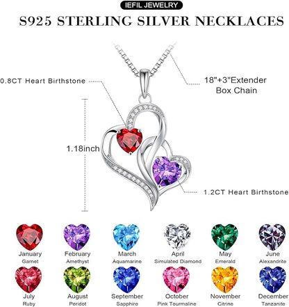Iefil Christmas Gifts for Women - Double Heart Birthstone Necklace, 925 Sterling Silver Heart Pendant Necklace, Anniversary Birthday Gifts for Women | Personalized Jewelry Gift for Wife Mom Girlfriend