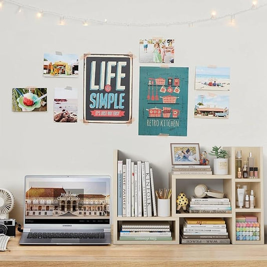 Desk Shelves Desktop Organizer Shlef - Natural Wood Tone Office Organization for Top of Desk Organizers and Accessories Corner Bookshelf Table Top Shelving Small Hutch Decorations for Office