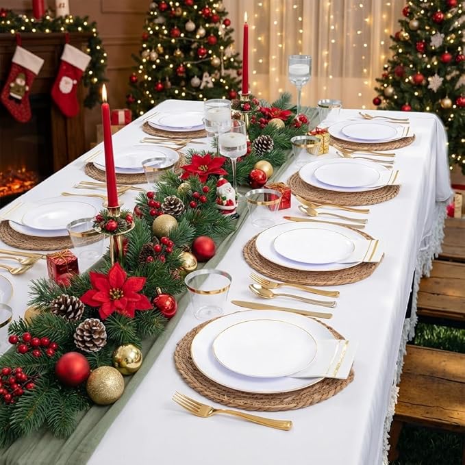 Festiva 350Pcs Gold Plastic Plates - White and Gold Dinnerware Set Disposable include 10" & 7" Plates,Cups,Silverware,Napkins -serve 50 Guests Perfect for Wedding& Chritmas & Party