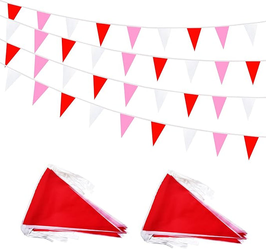 100 Feet 60 Pcs Red White and Pink Pennant Banner Flag String Hanging Triangle DIY Flag, Bunting Streamers Decoration for Grand Opening, Birthday, Wedding Celebration(Red White & Pink)