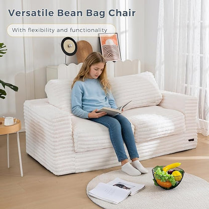 MAXYOYO Bean Bag Chair for Adults, Upholstered Loveseat Floor Sofa with Pillows and Armrests, Large Bean Bag Sofa Plush Couch for Bedroom Living Room, Beige