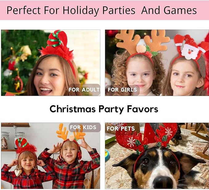 SEVEN STYLE 12 PCS Holiday Headbands,Cute Christmas head hat toppers,Great Fun and Festive for Christmas Party Favors Holiday Favors Photos Booth