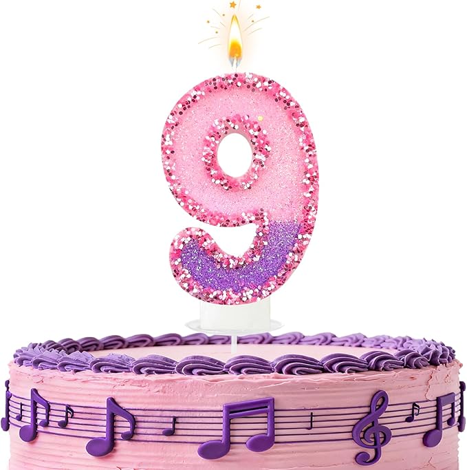 Birthday Number Candles for Cake, Pink Purple Glitter Number Candles for Cake Toppers, Ideal Birthday Parties Cake Decor, Wedding Anniversary and Other Celebrations (9 Candle)