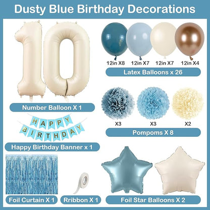Dusty Blue 10th Birthday Party Decorations Boys Girls Beige Cream Number 10 Balloon with Blue Gold Happy Birthday Banner Fringe Curtain Paper Pom Poms Nude White Sand Champagne Star Foil Balloons