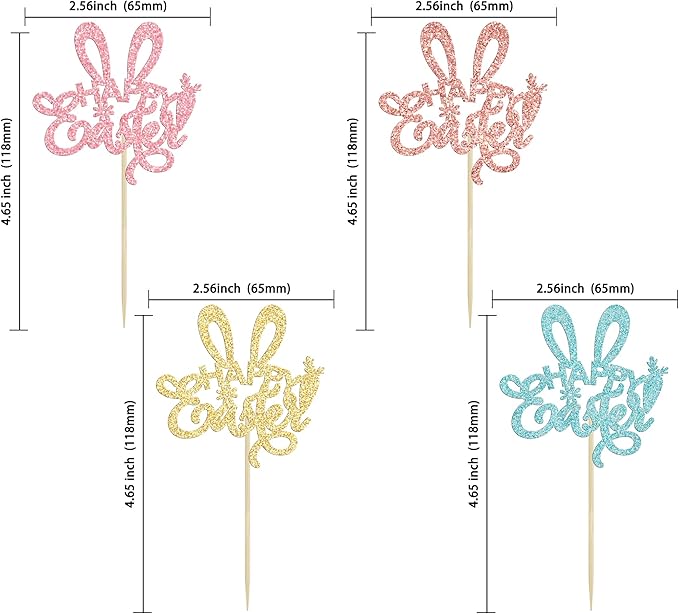 Ephlyn 24Pcs Happy Cupcake Toppers Glitter Rabbit Ear Cupcake Picks Decorations for Easter Day Theme Baby Shower Kids Birthday Party Supplies Multi