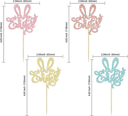 Ephlyn 24Pcs Happy Cupcake Toppers Glitter Rabbit Ear Cupcake Picks Decorations for Easter Day Theme Baby Shower Kids Birthday Party Supplies Multi