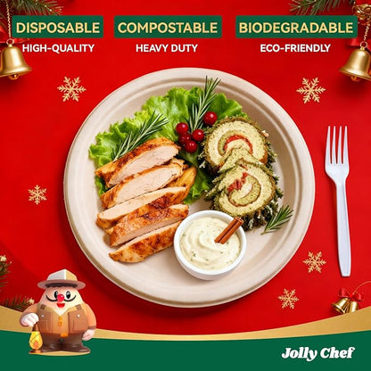 JOLLY CHEF Compostable Heavy Duty Plates 𝟭𝟬 𝗜𝗻𝗰𝗵 [𝟯𝟬𝟬 𝗣𝗮𝗰𝗸] Eco-Friendly Disposable Paper Plates Made of Bagasse Biodegradable Bulk for Party Dinner Sugarcane Thanksgiving Day (Natural)
