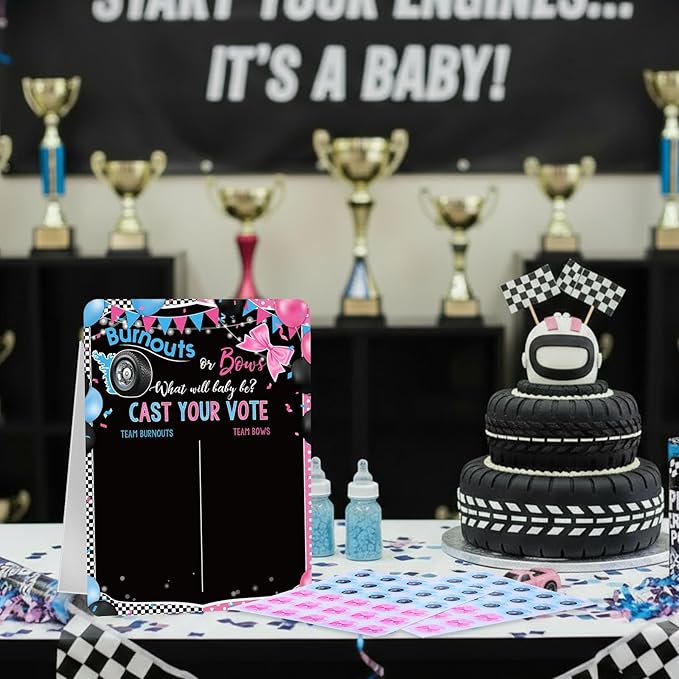 Poen Burnouts or Bows Gender Reveal Game Board with Stand, 60 Pink Bow & Cool Wheel Stickers, Cast Your Vote Baby Shower Party Supplies, Boy or Girl Guessing Game Decorations for Gender Reveal Party