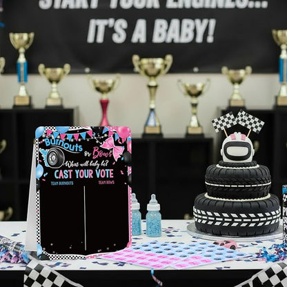 Poen Burnouts or Bows Gender Reveal Game Board with Stand, 60 Pink Bow & Cool Wheel Stickers, Cast Your Vote Baby Shower Party Supplies, Boy or Girl Guessing Game Decorations for Gender Reveal Party
