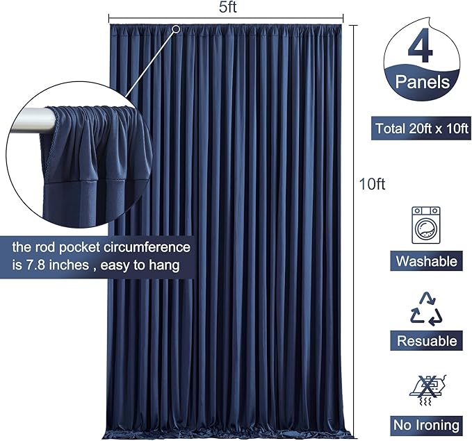 4 Panels Navy Blue Backdrop Curtain for Parties Wrinkle Free Photo Curtains Backdrop Drapes Fabric Decoration for Wedding Birthday Party Baby Shower 20ft(W) x 10ft(H)