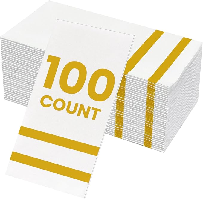 100 Pack Napkins Disposable Guest Towels Linen-Feel Decorative Napkins Soft and Absorbent Dinner Paper Hand Towels for Bathroom Party Powder Room Hotel Fancy Restaurant (100, Gold Line)